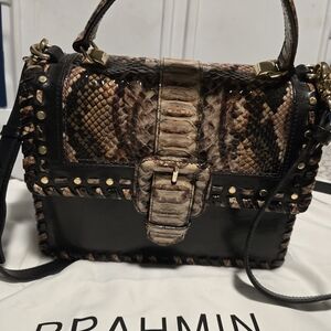 Brahmin Black and Brown Snakeskin-Accent Satchel